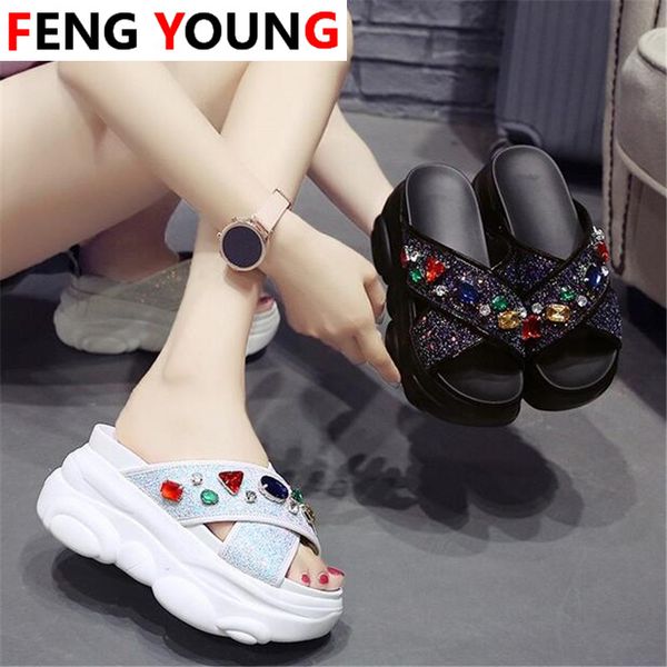 

women 9cm wedge high heel outdoor slides women 9cm wedge summer fashion rhinestone sequins platform sandals girl chunky, Black