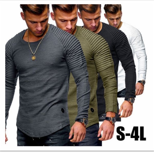 

autumn mens designer tshirt casual crew neck solid color ruched long sleeve tees casual mens tshirts, White;black