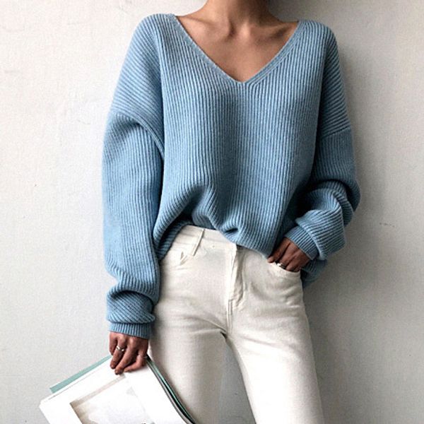 

women's sweaters concise v lead loose joker lazy sweater wind down strike irregular solid color rendering ladies jumper, White;black