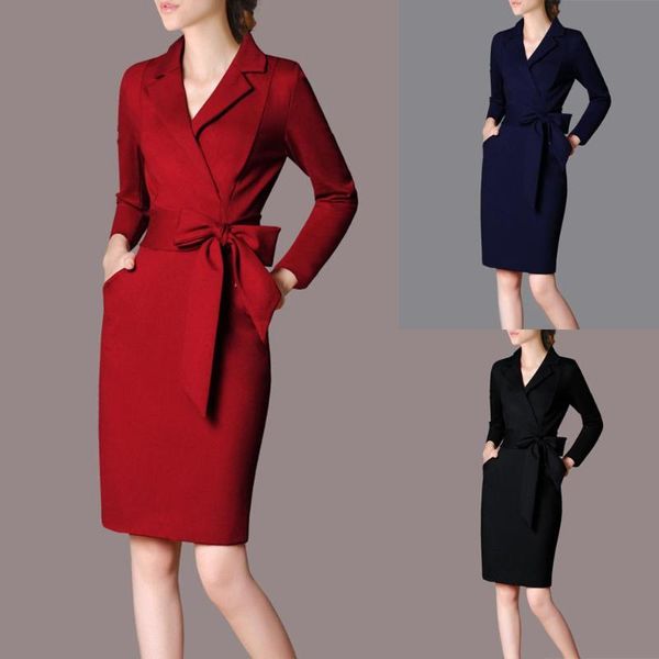 

dress women spring elegant plus size dress notched formal bow dresses 2020 vestidos robe sukienki elbise jurken ship, Black;gray