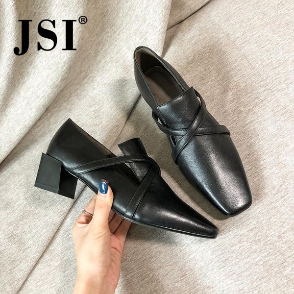 

jsi 2020 spring new pumps mid thick heel handmade genuine leather ladies shoes elegant square toe pumps jo403, Black
