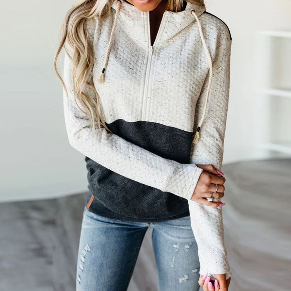 

2019 women patchwork hoodies thickening coat womens casual long sleeve hooded patchwork zipper casual blouse sweatshirt, Black