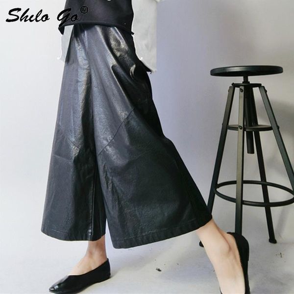 

pu wide leg leather pants 2019 new spring high waist black loose pocket harem pants women trousers fashion tide, Black;white