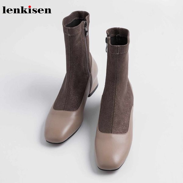 

lenkisen simple style cow leather patchwork flock med heels square toe casual mixed colors winter women warm ankle boots l9f9, Black