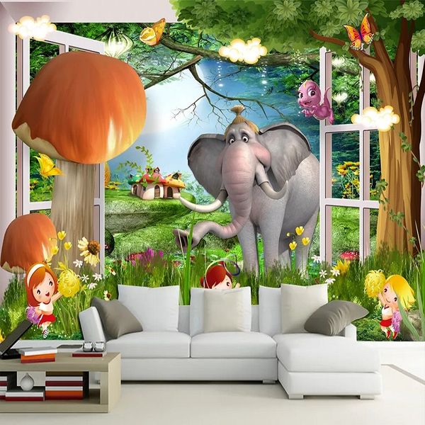 

new custom large mural 3d wallpaper cartoon girl mushroom elephant children's bedroom mural tv back wall decor deep 5d embossed