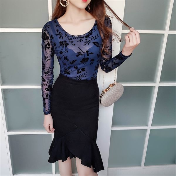 

mesh base inner women's micro-transparent tight waist t- shirt women's long-sleeved slim t-shirt autumn, White