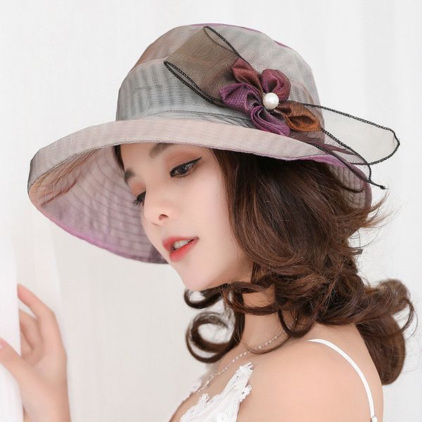 

summer silk sun hat women wide brim floral hats pearl flowers floppy visors female elegant sea beach caps sun protective hat, Blue;gray