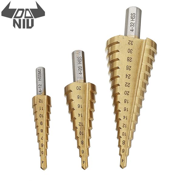 

daniu 1pc 4-12/4-20/4-32mm hss 6542 titanium coated step drill bit triangle shank step drill bits woodworking tools