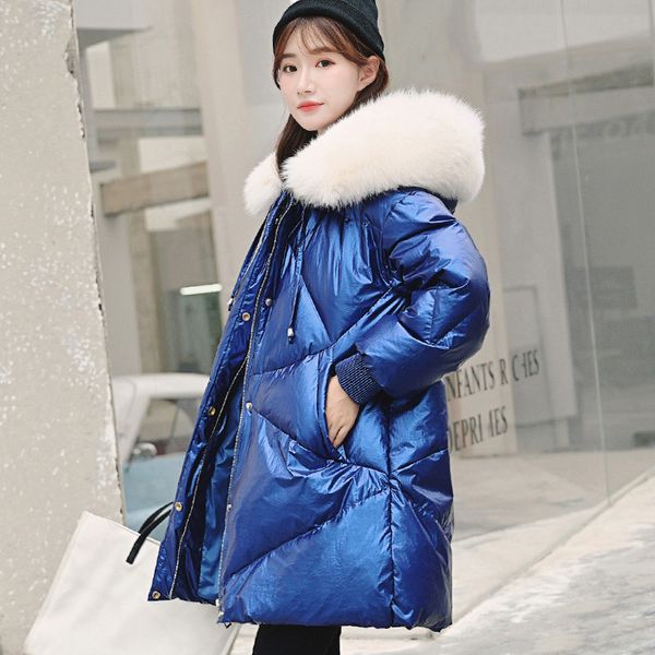 

2019 winter snow clothes long women warm big fur collar parka down jackets womans loose glossy down jacket winter parkas coat, Black