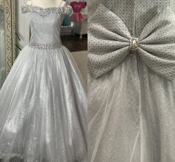 

grey girls pageant dresses for wedding 2020 beading crystal off the shoulder sequins tulle big bow birthday party dress kids flower girl, White;red