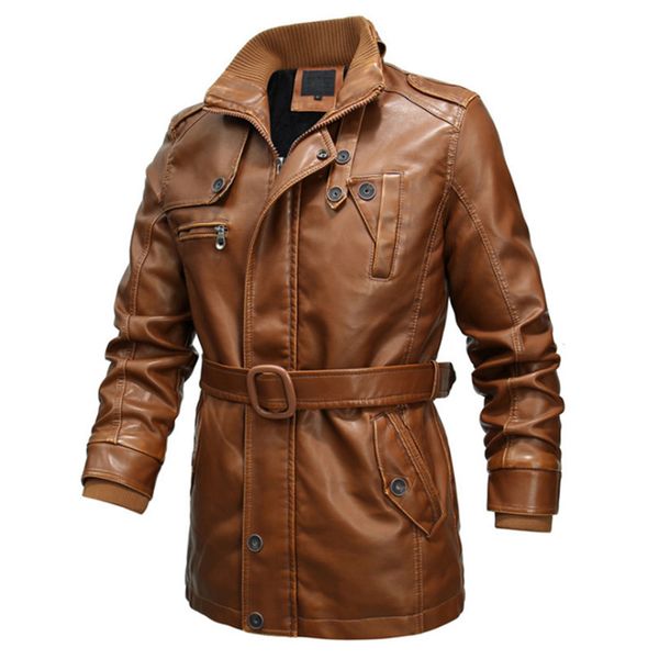 Новая мода мотоцикл кожаная куртка мужчины траншеи пальто высочайшего качества толстый искусственная кожаная куртка мужские повседневные длинные куртки 6xl