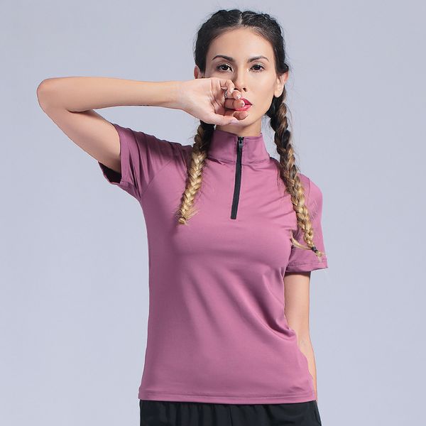 

sport shirts solid color high elastic gym yoga running breathable short sleeve t-shirts girl half zipper running yoga jacket, White;red