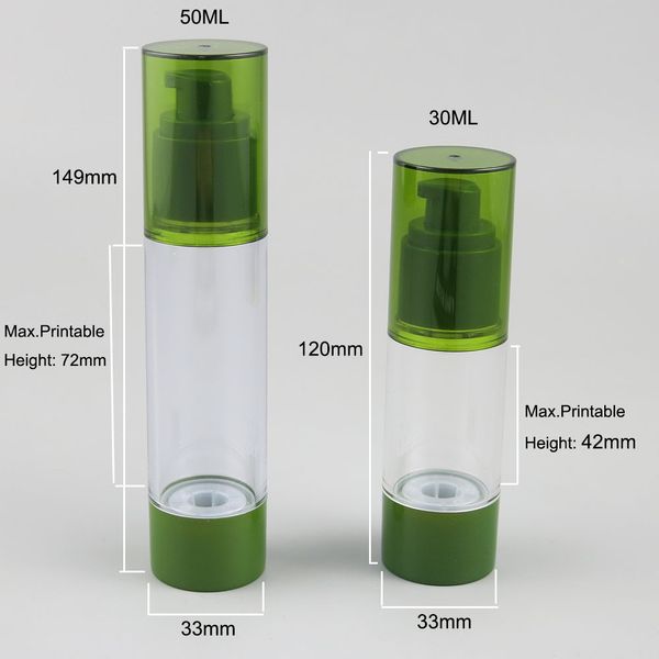 

12pcs 30/50ml portable refillable cosmetic airless bottles 1oz 5/3oz plastic treatment pump lotion containers with green lids