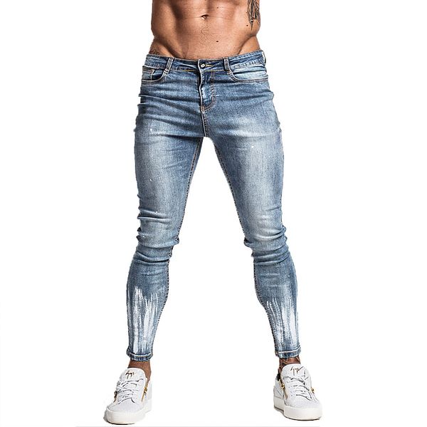 

light blue ripped jeans for men slim fit stretch hip hop street designer distressed for men brush print jeans brand wholesale