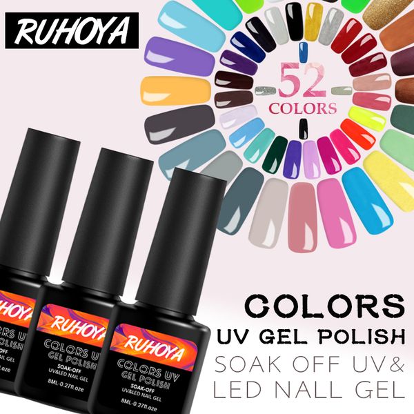 

ruhoya gel nail polish pure nail color soak off uv art gel polish 52 colors effect lacquer 8ml manicure art varnish, Red;pink