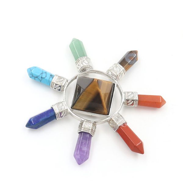 

5 pcs square pyramid with 7 colors hexagon column quartz stone pendant healing chakra silver plated jewelr
