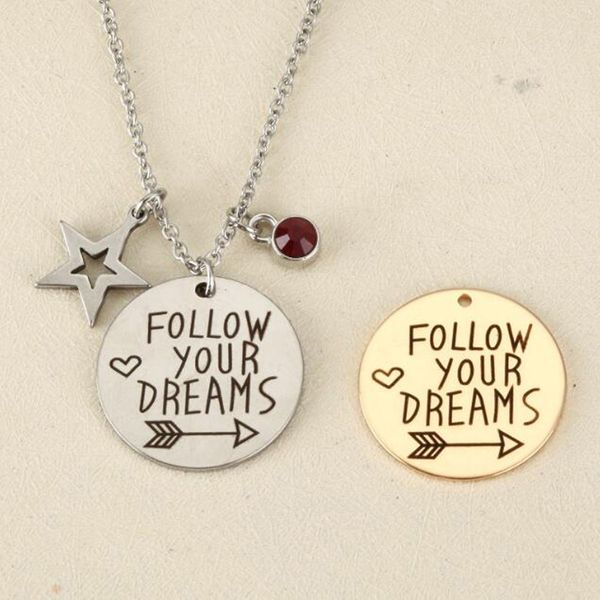 

lovely stars round pendant necklace follow your dreams hand stamped necklace, inspirational necklace, Silver