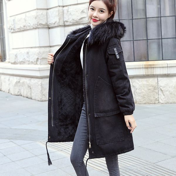 

winter warm hooded women's denim coat jacket 2019 new plus velvet thick fashion women's cotton coat parkas ko416, Black