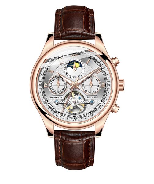 

retro men watch automatic mechanical hollow male clock stainless steel multifunction flywheel personality business man watches, Slivery;brown
