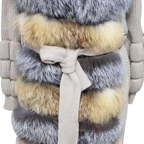 

2019 natural fur coat for women elegant winter warm horizontal stripe wool knit liner belted real fur coat plus size, Black