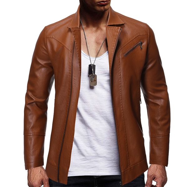 

new motorcycle men's leather fashion lapel zipper pocket full pu slim leather jacket men, Black