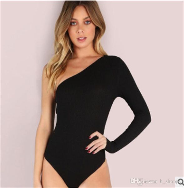 

2018 new one-shoulder single-sleeved ribbed knit tight one-piece slim fashion t-shirt, White