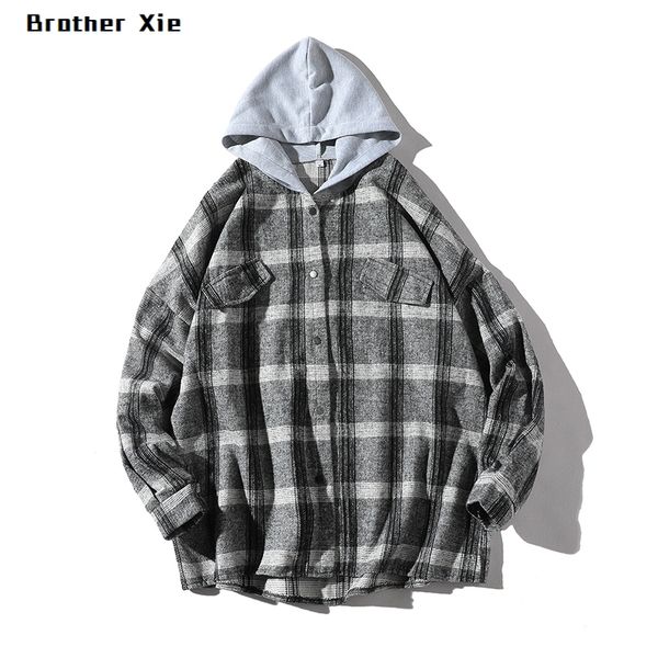 

весна новая клетчатая рубашка мужская мода ретро повседневная рубашка с капюшоном человек уличная дикая хип-хоп свободные с длинными рукавам, White;black