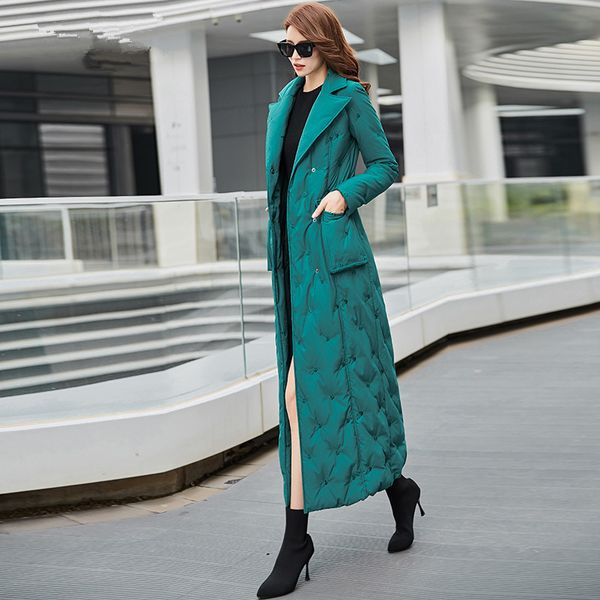 

2019 new winter fashion embroidery flower down jacket long female slim double breasted thicken warm white duck down coat women, Black
