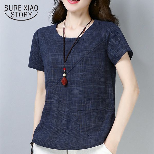 

women's summer blouses 2020 vintage linen cotton women blouses short sleeve women shirts plus size clothing 2127 50, White