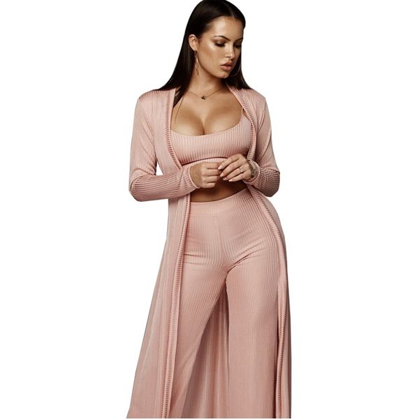 

fashion women three piece set belted high waist long sleeve coat spaghetti strap cop pants knitwear g12042p-xl, White