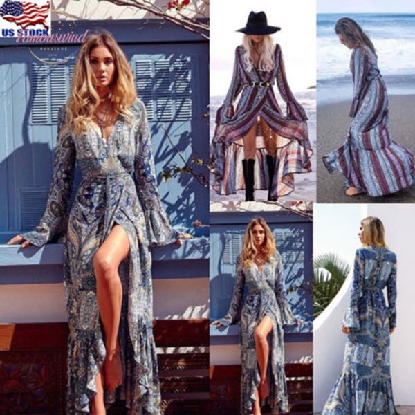 

2020 women bohemian dresses summer boho chiffon v neck party evening beach dresses long maxi dress sundress, Black;gray
