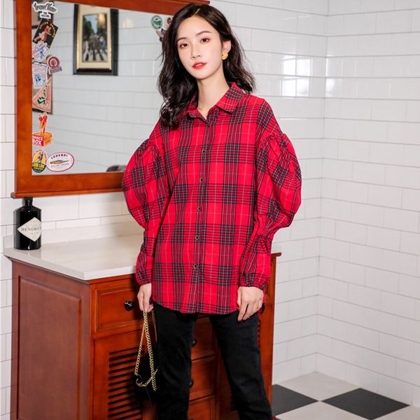 

lapel plaid long sleeves womens and blouses loose plus size blusas femininas de vero 2019 casual korean clothes women, White
