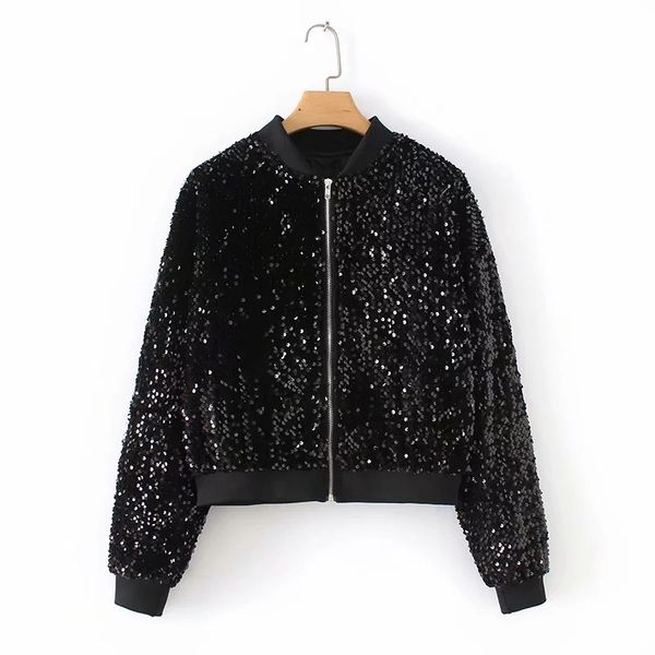 

autumn women sequined long sleeve jacket coats short vintage black basic coats outerwear female casual bomber jacket, Black;brown