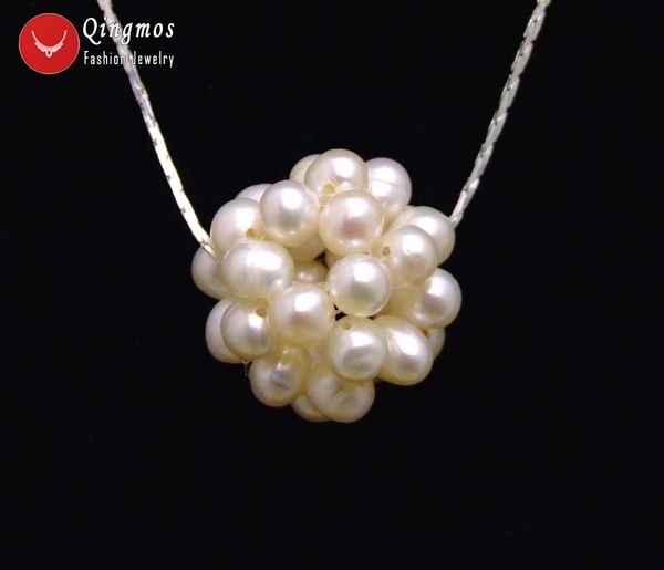 

qingmos handwork weaving white pearl 18mm ball pendant necklace for women with 4-5mm white pearl necklace 17" chokers chain, Silver