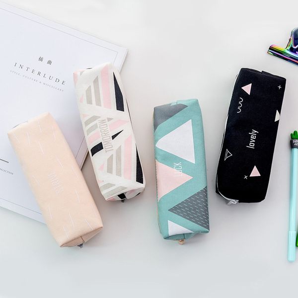 

1 pcs kawaii canvas geometric series pencil cases for girl stationery geometry pencil bag black pen box student supplies