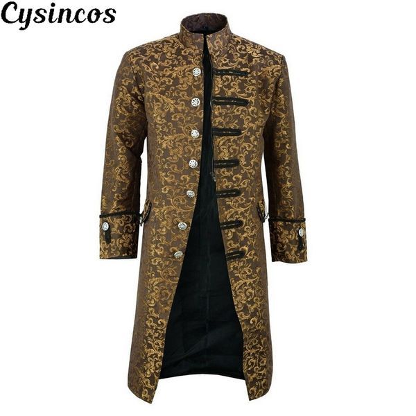 

cysincos men edwardian steampunk trench coat frock outwear vintage overcoat medieval jacket cosplay costume, Tan;black