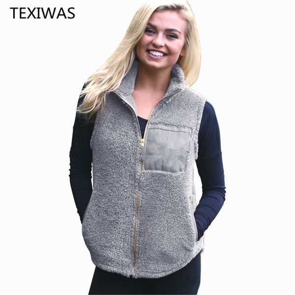 

texiwas 2019 new warm plush vest coat ladies gilet plush zip coat pocket waistcoat women sleeveless fleece outwear female, Black;white