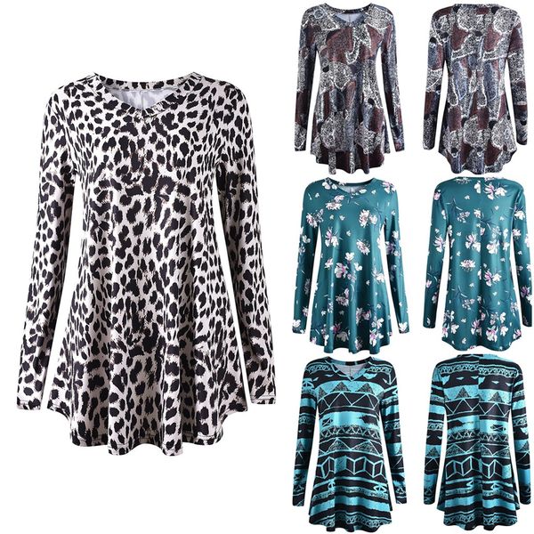 

мода печати футболка повседневная основные топы осень зима дамы v-образным вырезом туника топы женские женщины с длинным рукавом blusas пуло, White