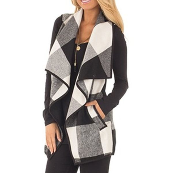 

autumn office ladies vest sleeveless turn down neck open front jacket check plaid cardigan casual women long waistcoat hd05, Black;white