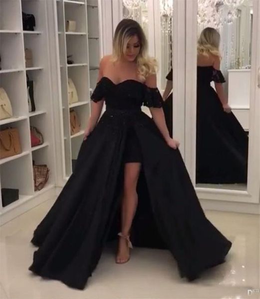 2022 Neues schwarzes Abendkleid, schulterfrei, mit abnehmbarer Schleppe, kurzes Innenkleid, lange formelle Kleider, Abendparty-Kleider