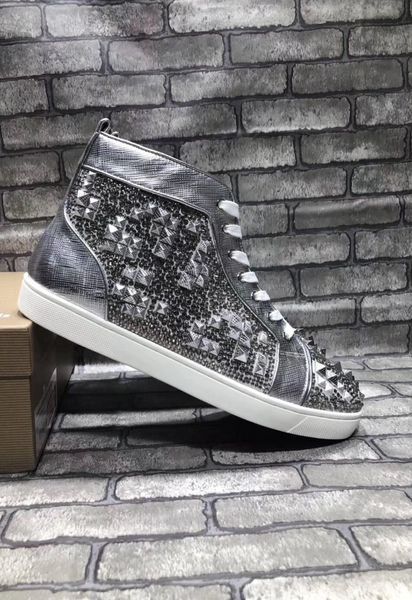 

2019 luxurious new dark grey mix spikes red bottom sneakers shoes casual walking orlato famous leather leisure flats with box, Black