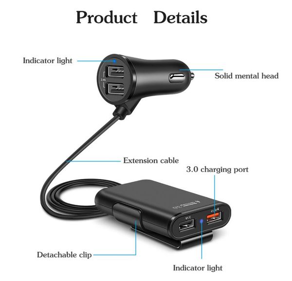 

4 ports fast 3.0+2.4a+3.1a usb car charger universal fast adapter with 5.6ft extension cord cable for mpv car phone