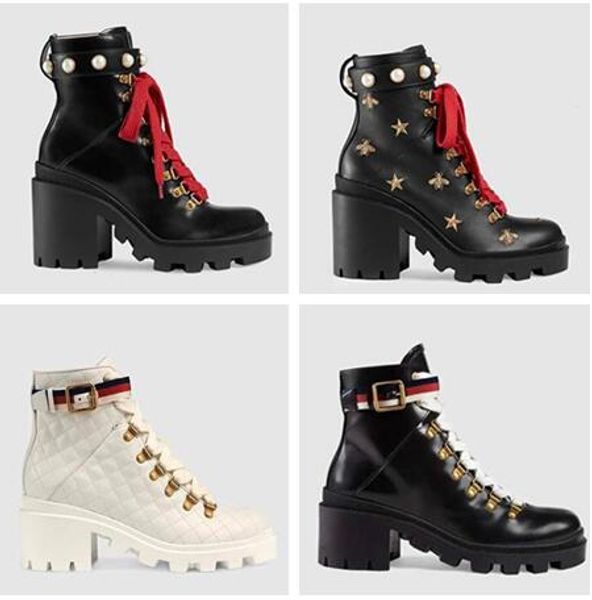 

luxury designer boots women leather ankle boot chunky heel martin shoes print genuine leather platform desert lace-up boot 5cm 01, Black