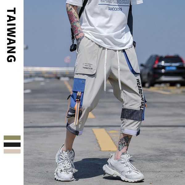 

tooling shorts mens 2020 summer new style pants color matching casual pants mens japanese fashion brand multi-bag cropped pants men, Black