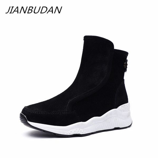 

jianbudan genuine leather snow boots women's casual winter cotton shoes cow suede plush warm female cotton boots size 35-40, Black