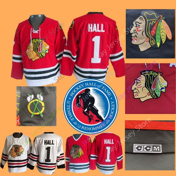 

Glenn Hall Jersey 1975 Hall Of Fame Patch Ice Hockey Chicago Blackhawks Jerseys CCM Vintage White Navy Home Away