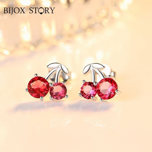 

bijox story fashion female stud earrings with cherry shape ruby 925 sterling silver earrings fine jewelry for wedding party gift, Golden;silver