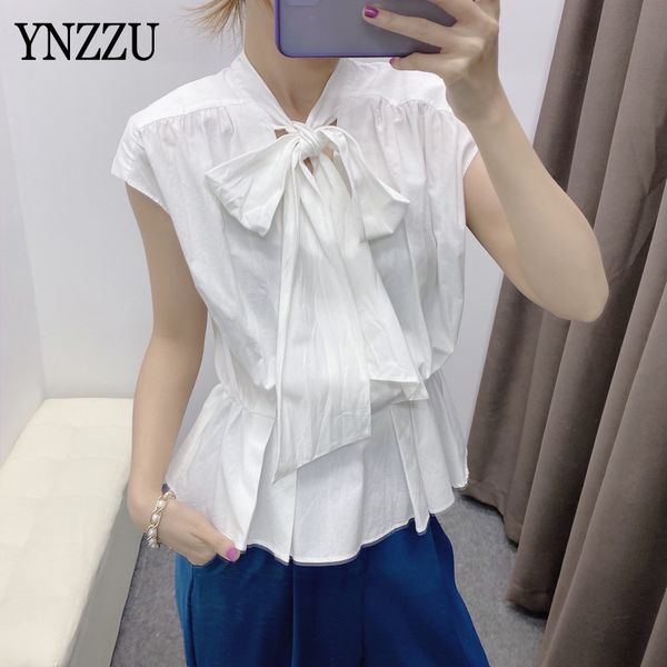 

women's blouses & shirts 2021 white women bow tie elegant sleeveless ruffles pleated female cotton blouse shirt casual high street ynzz