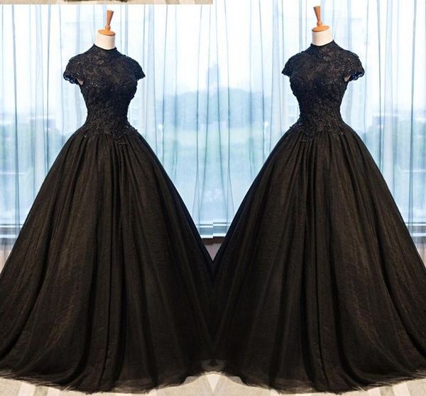 2022 Schwarze Spitze Abendkleider Ballkleider Stehkragen Applikationen Perlen Empire-Taille Prinzessin Ballkleider Abschlusskleid Damen Plus Size