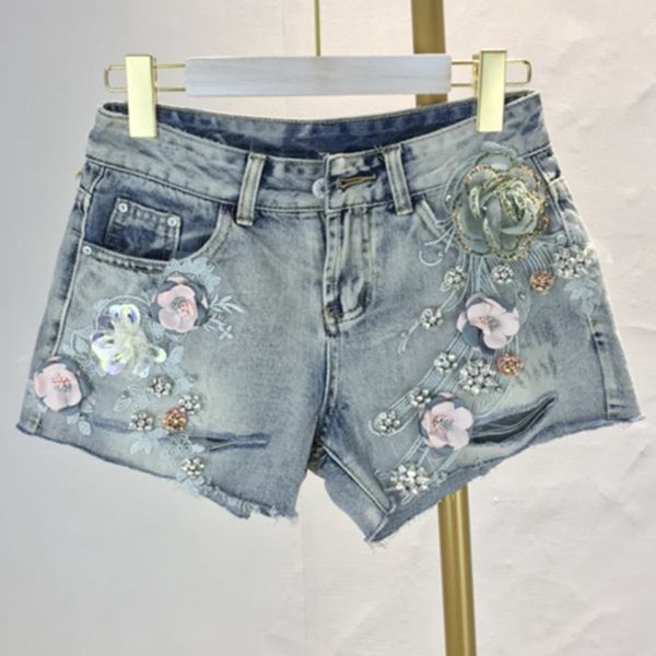 

beading vintage ripped hole denim shorts casual jeans short 3d flower summer denim shorts for women mini women's, White;black